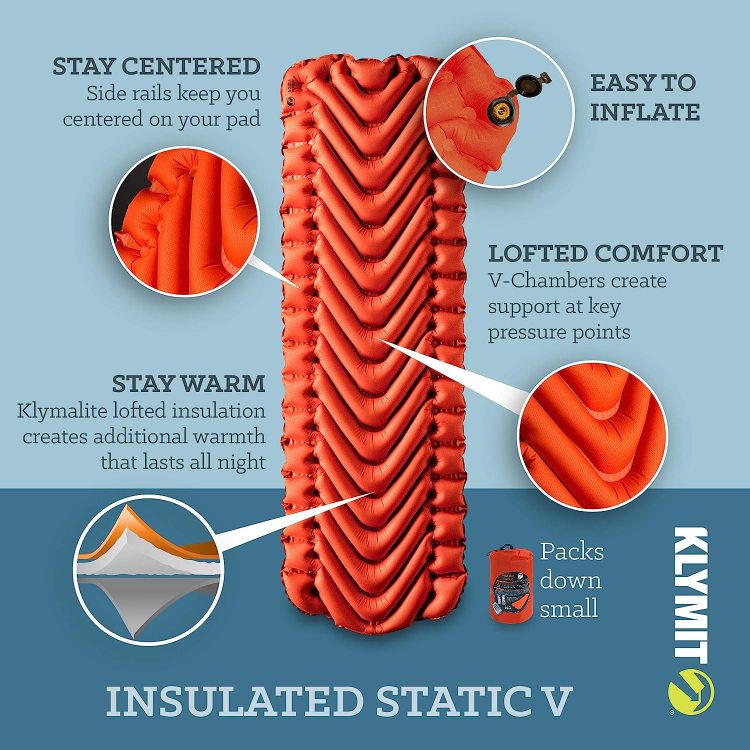 Klymit Insulated Static V sleeping pad: Comfortable, warm, and packable for camping adventures.