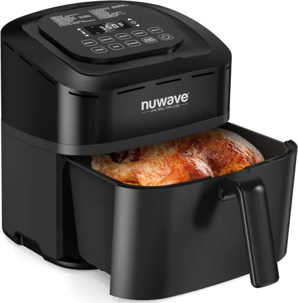 Nuwave Brio Air Fryer: "Nuwave Brio 10-in-1 Air Fryer 7.25Qt in sleek black – Featuring Patented Linear T Thermal Technology for precise crisping, roasting, dehydrating, and reheating. Equipped with a non-stick, dishwasher-safe basket and a convenient app offering 100+ recipes.