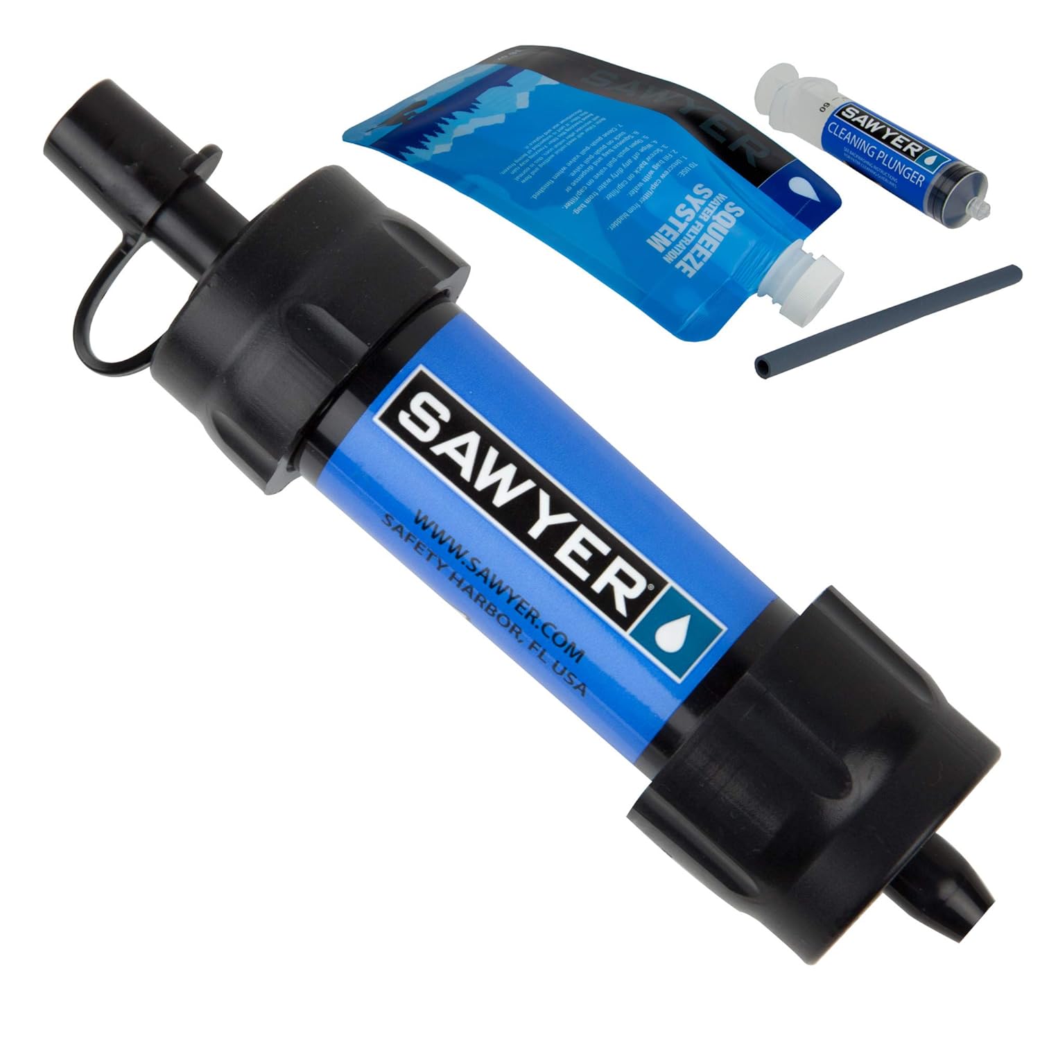 A Portable Water Filter by SAWYER, showcased with its blue cylindrical body and black caps on both ends.