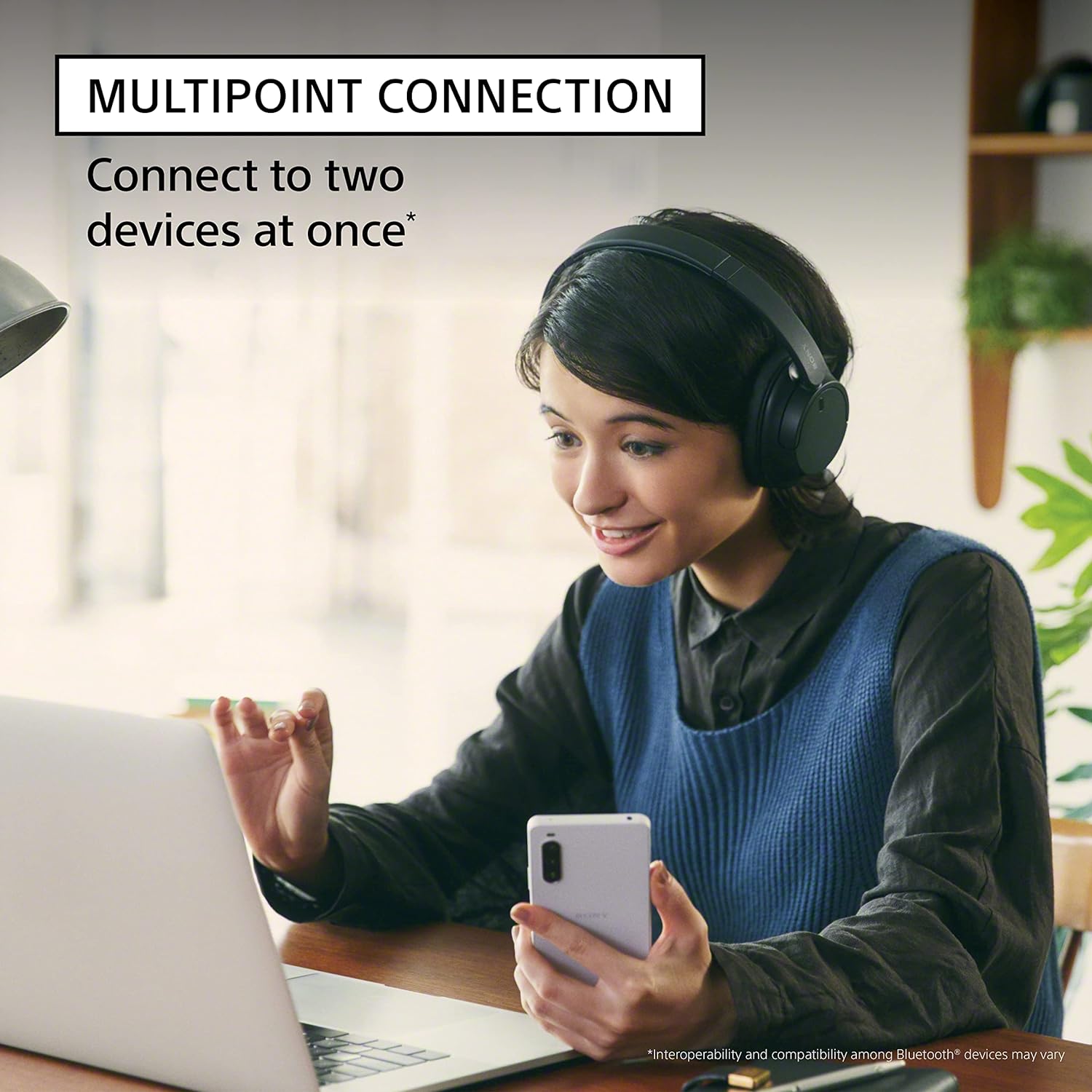 Sony WH-CH720N wireless headphones with multipoint connection allowing connection to two devices simultaneously