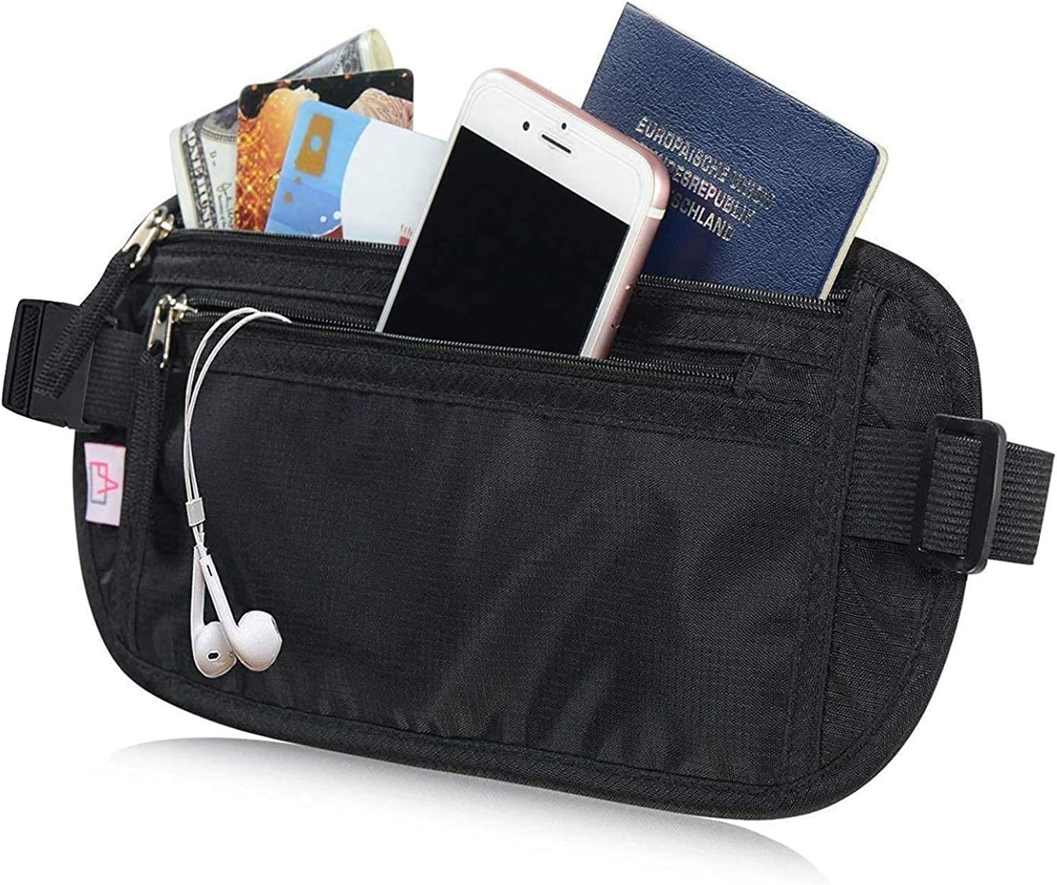 RFID blocking travel wallet with secure zippers, holding a passport, phone, cash, and earphones.