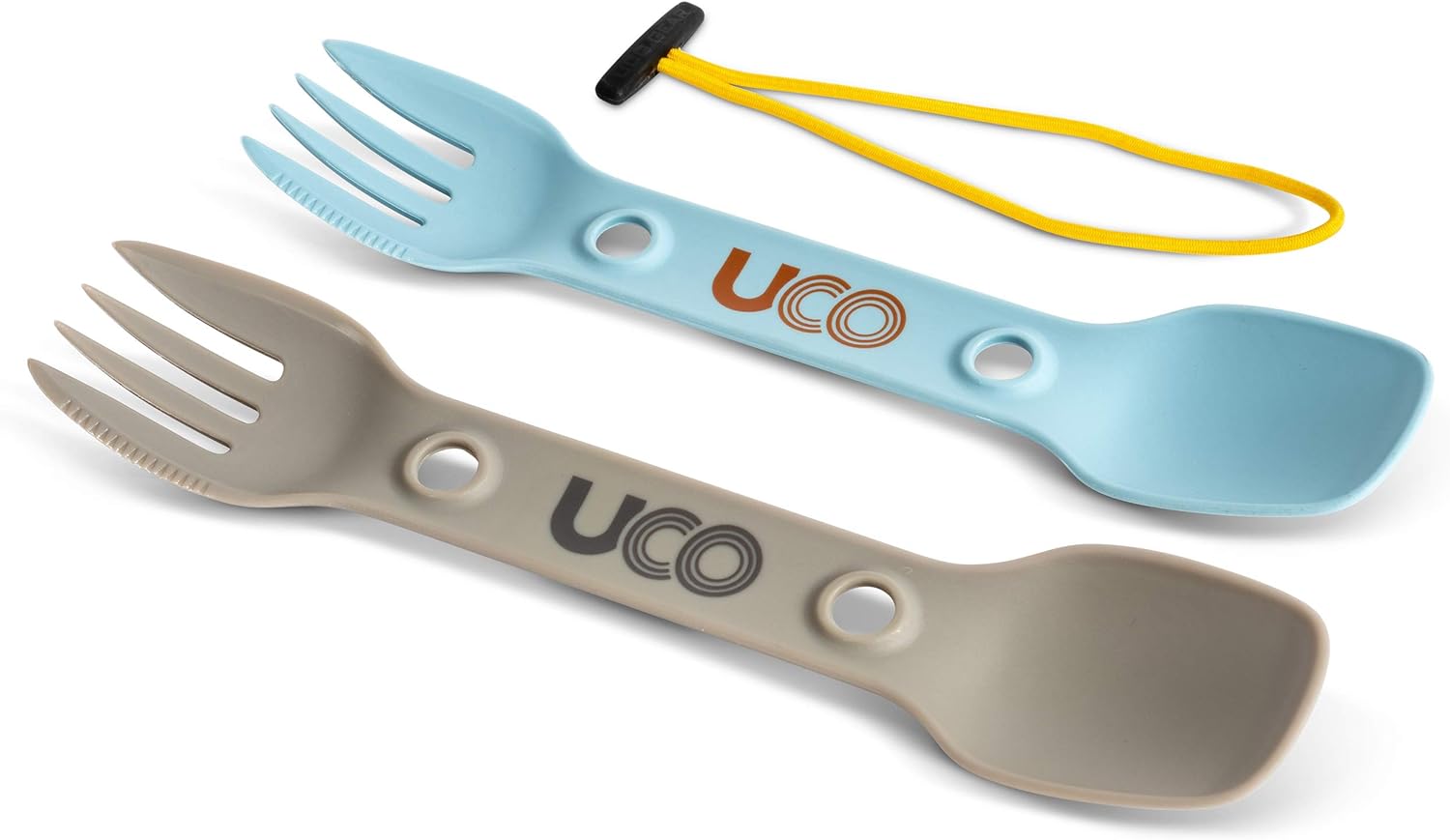 Two UCO Utility Sporks, a spoon and fork combo utensil, in stainless steel