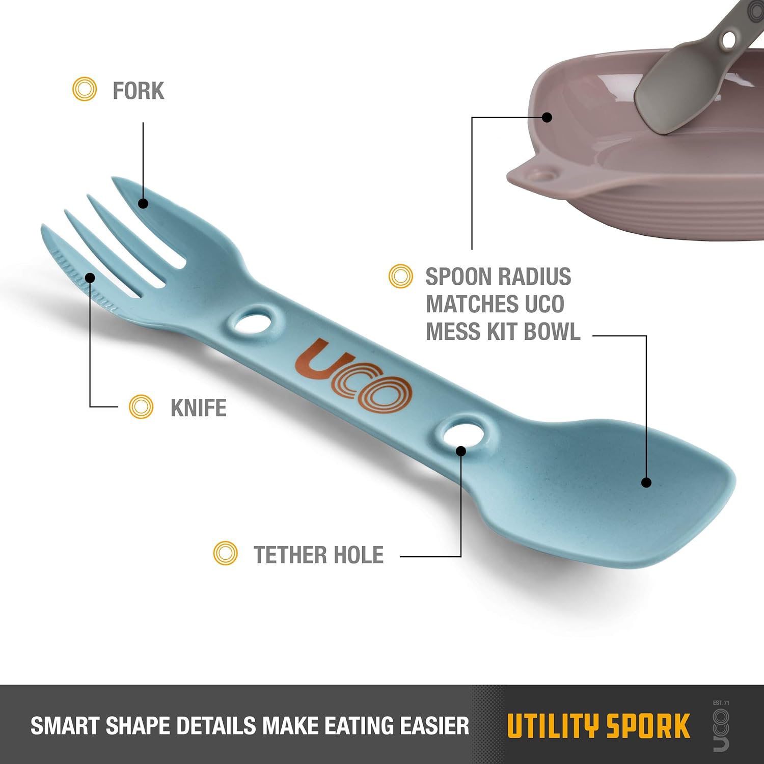 A stainless steel UCO Utility Spork with a spoon, fork, knife, and tether hole.