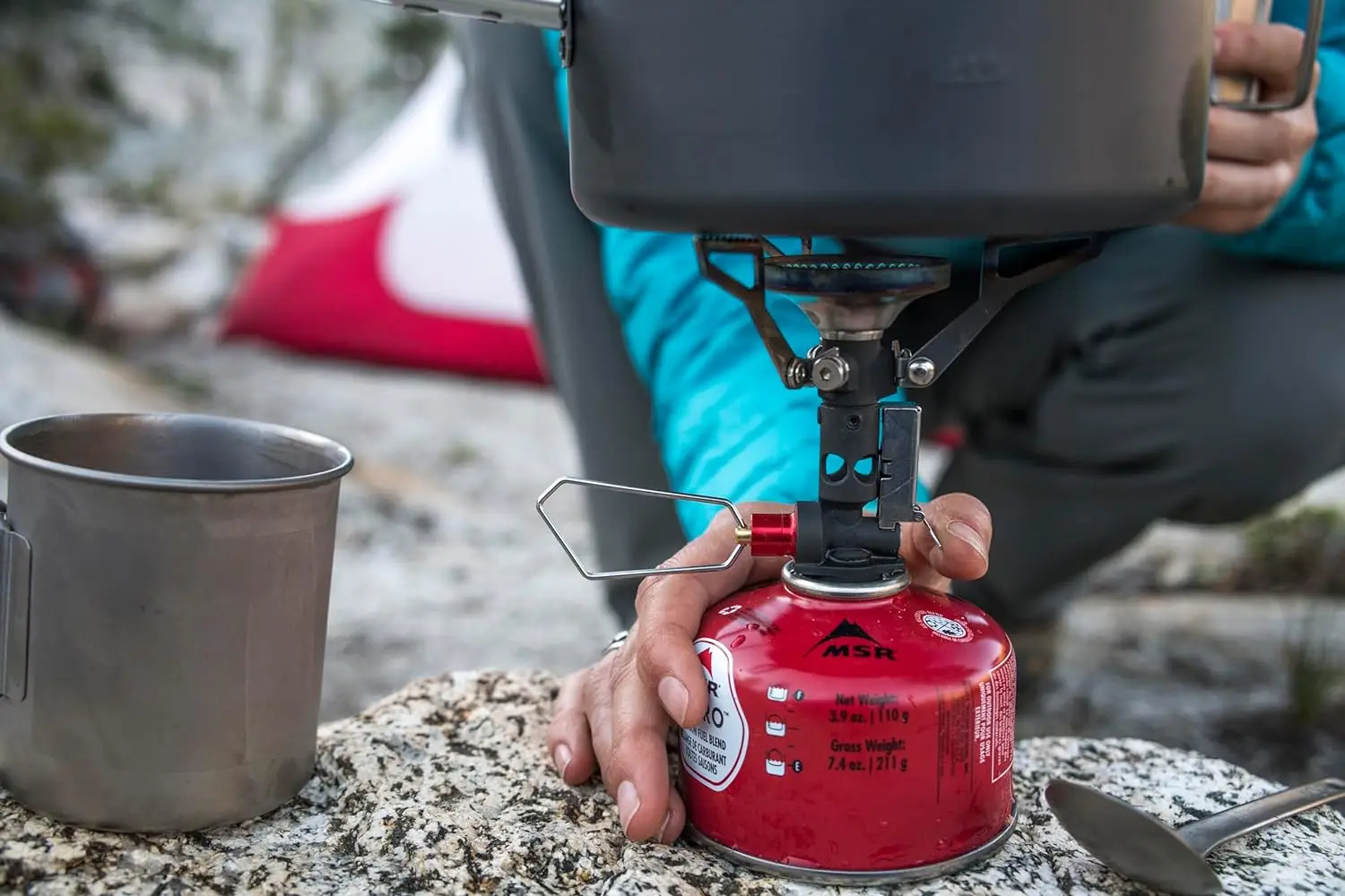 MSR PocketRocket Deluxe backpacking stove with IsoPro fuel canister