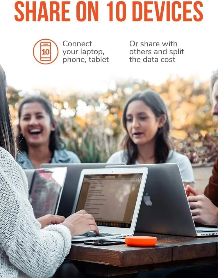 Text overlay on an image depicting a mobile hotspot device. The text promotes sharing the data connection with up to 10 devices, possibly functioning as a best travel router. It allows connection for laptops, phones and tablets, splitting the data cost among multiple devices.
