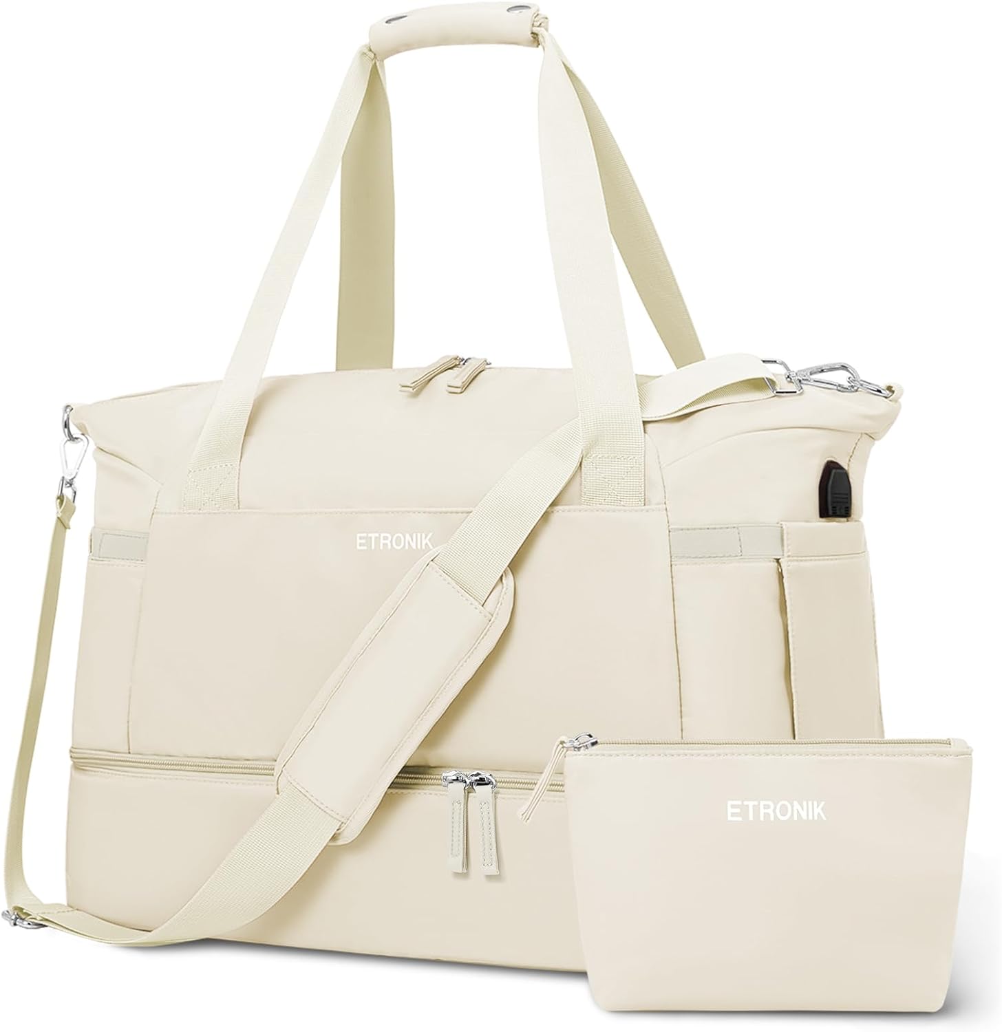 ETRONIK Gym Bag for Women, a stylish and functional beige duffel bag with a USB charging port, wet pocket, and shoe compartment. Perfect for gym, travel, and everyday use.