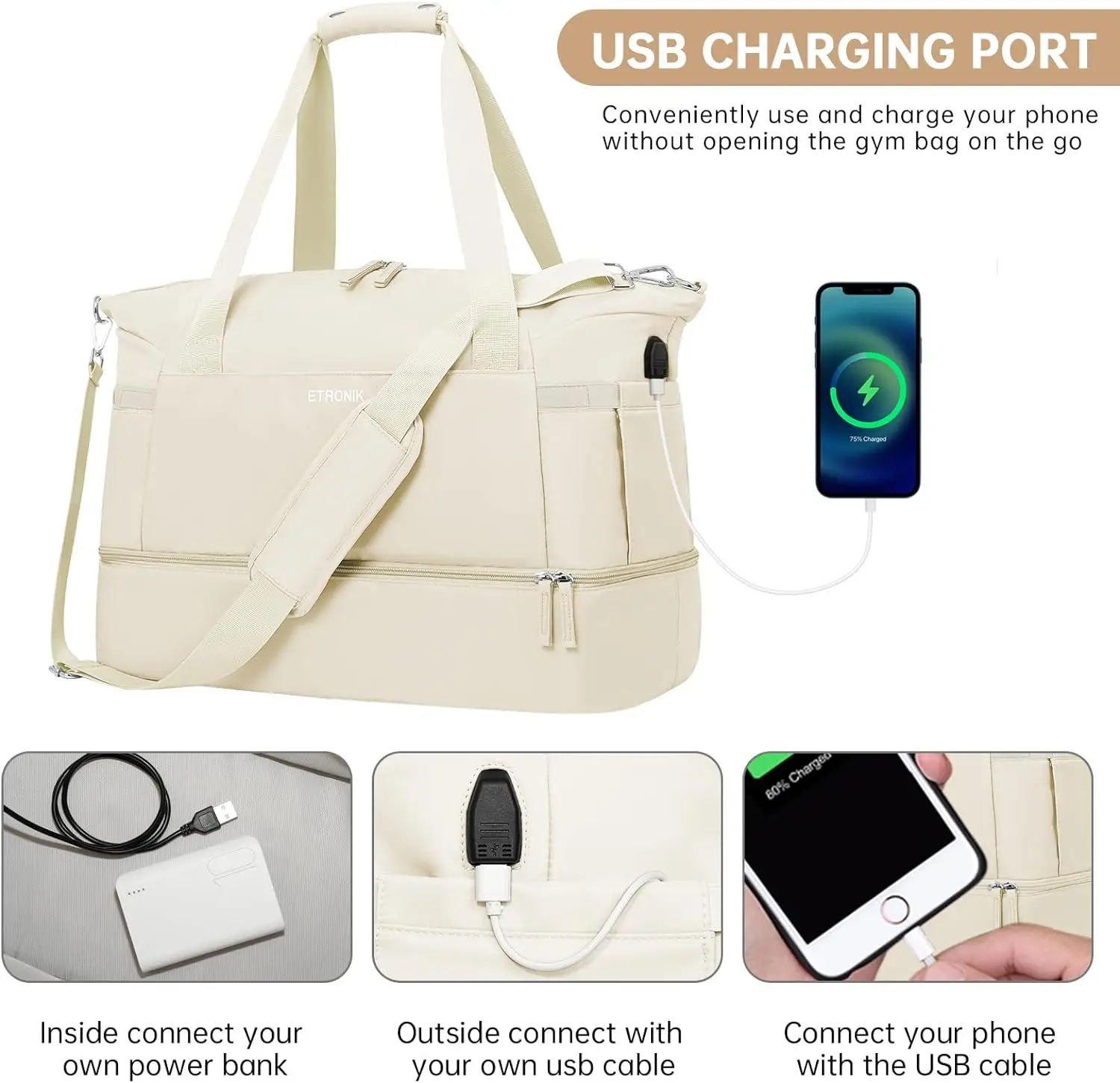 ETRONIK Gym Bag for Women with a built-in USB charging port. Conveniently charge your phone on the go without opening the bag. Features a dedicated power bank compartment and USB cable connection point.