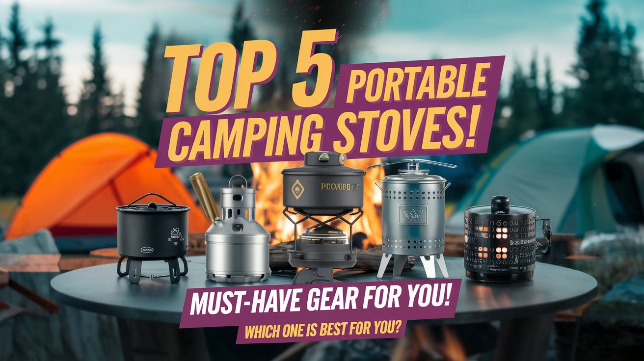 A scenic campsite featuring Portable Camping Stoves cooking a delicious meal surrounded by nature, with the text overlay 'Top 5 Portable Camping Stoves for 2024!' in white