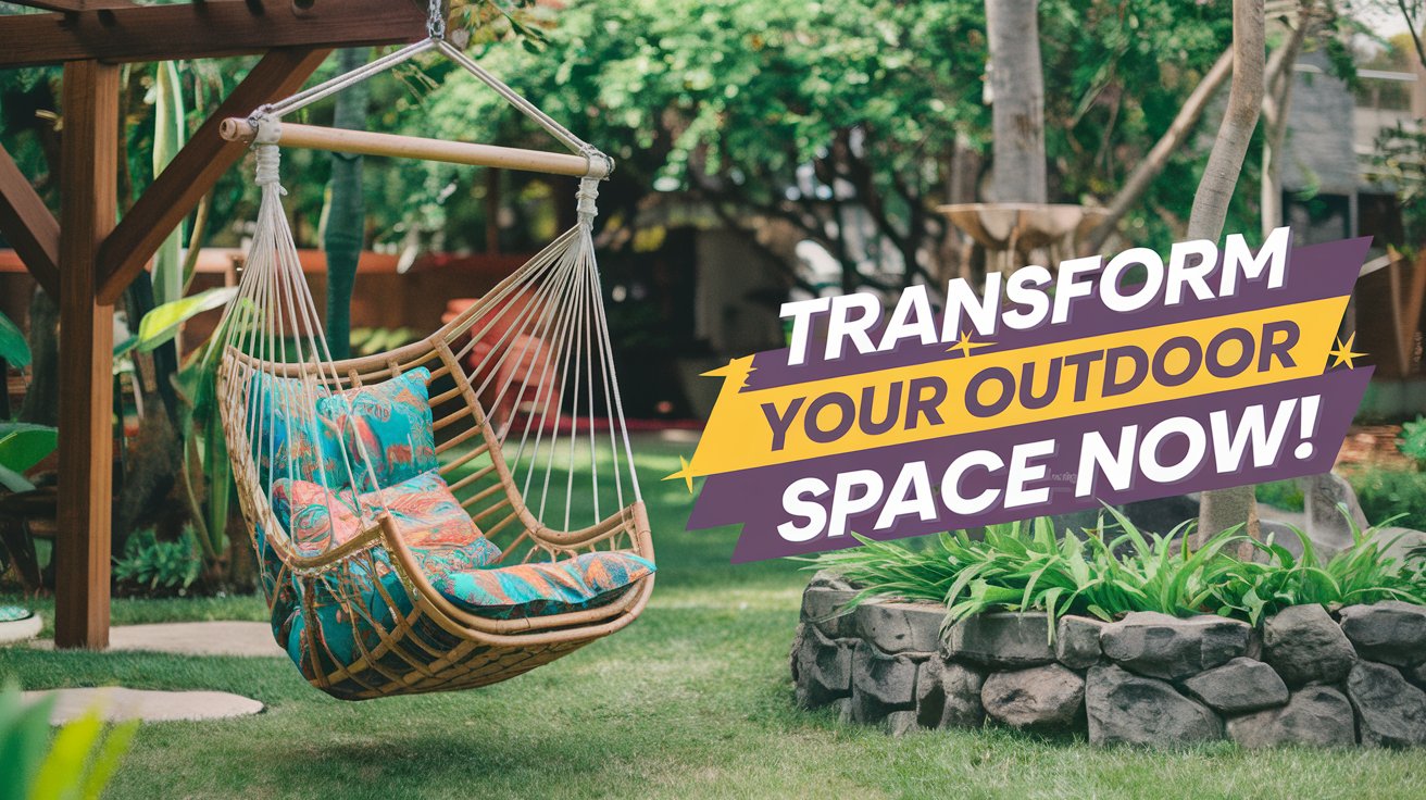 Vibrant outdoor setting featuring the Rio Swinging Hammock Chair, adorned with soft cushions, inviting relaxation. Bold text overlay reads 'Transform Your Outdoor Space NOW!' highlighting comfort and tranquility in a picturesque garden