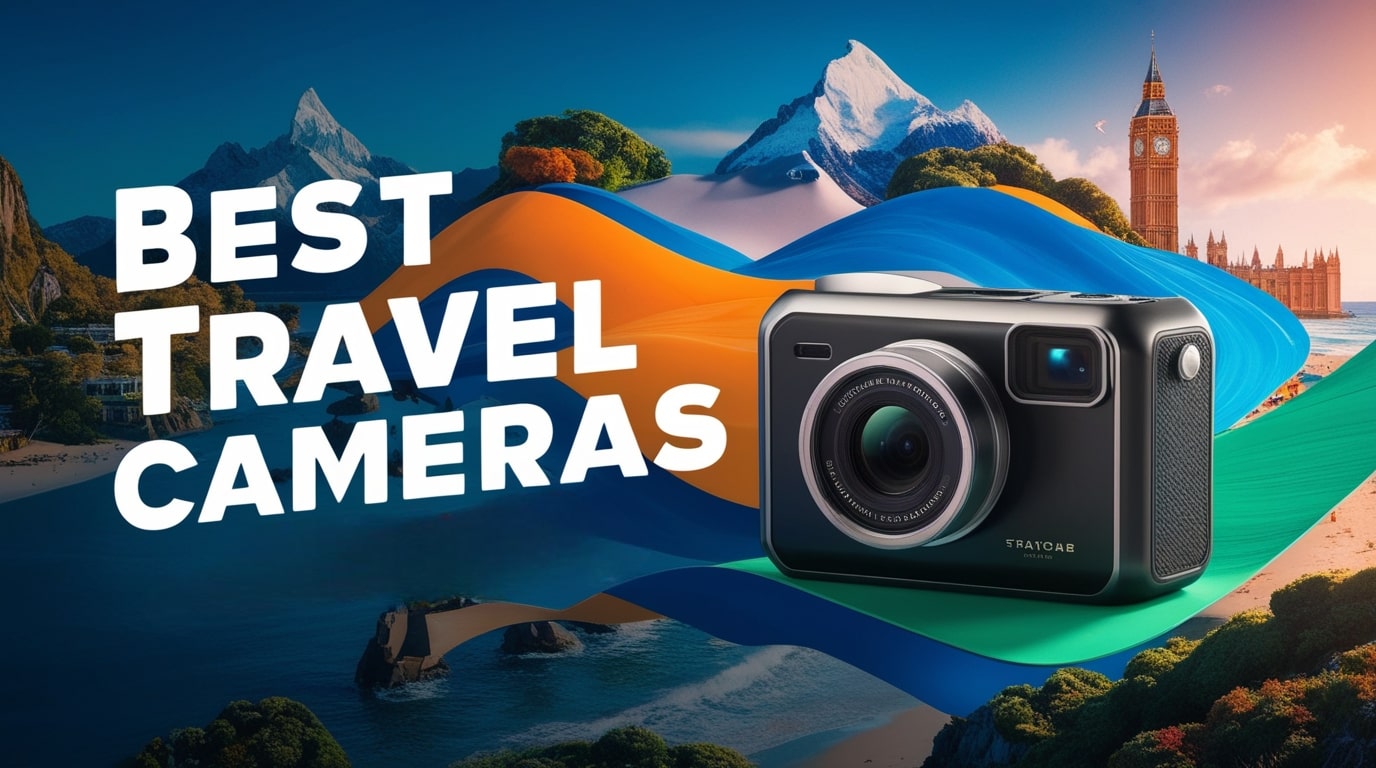 Best Travel Cameras displayed with vibrant mountain and beach backdrop, showcasing adventure and photography