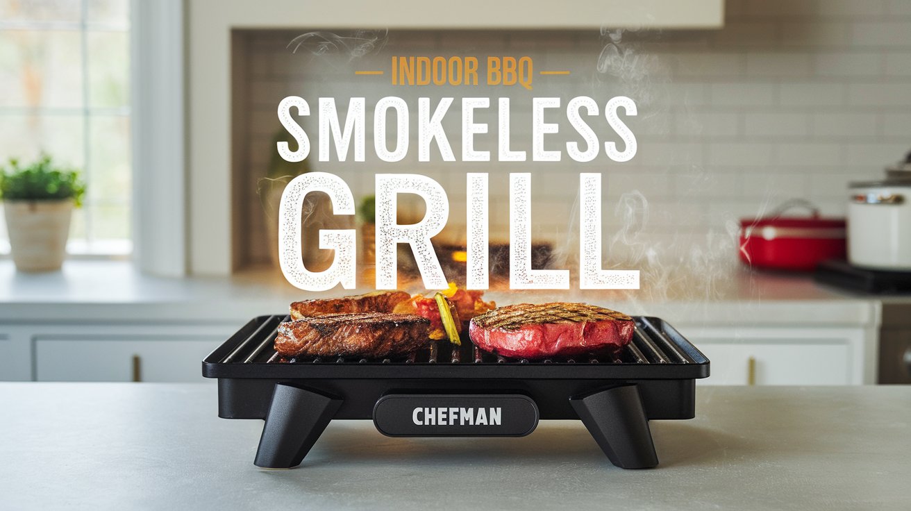 Chefman Electric Smokeless Indoor Grill with sizzling grilled food, showcasing smokeless BBQ technology for hassle-free indoor grilling. Ideal for apartments and small kitchens