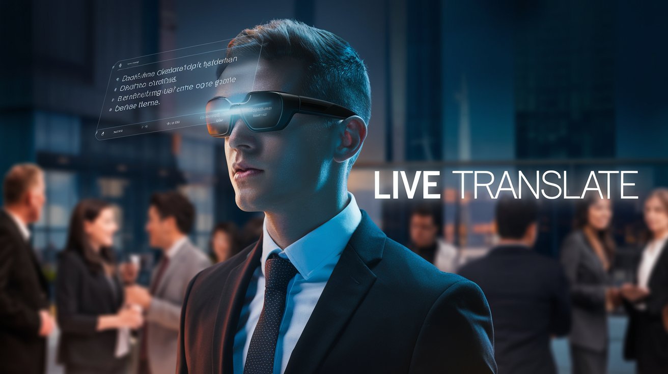 Sleek black AI translation glasses with a futuristic design, featuring real-time language translation display on the lenses. The high-tech eyewear includes touch controls and AI-powered functionality, set against a modern background. Perfect for travelers, business professionals, and students needing instant multilingual communication